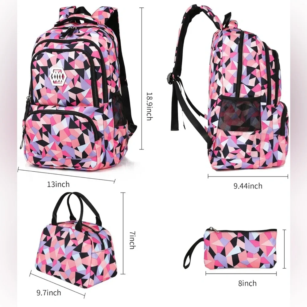 NWT Girls School Backpack Set,Colorful Print School Bag
